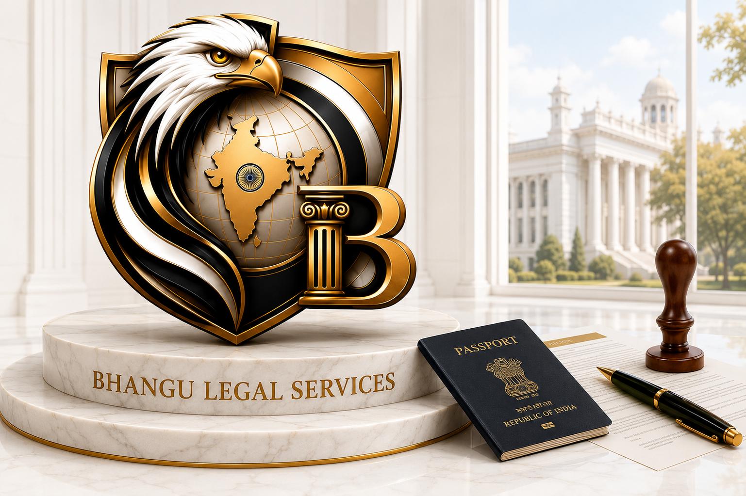 BHANGU Legal Services — luxury white marble pedestal with passport, official documents and government building backdrop